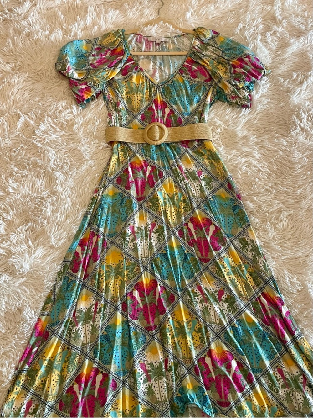 LOFT Teal, Yellow & Pink Puff-Sleeve Midi Dress with Belt